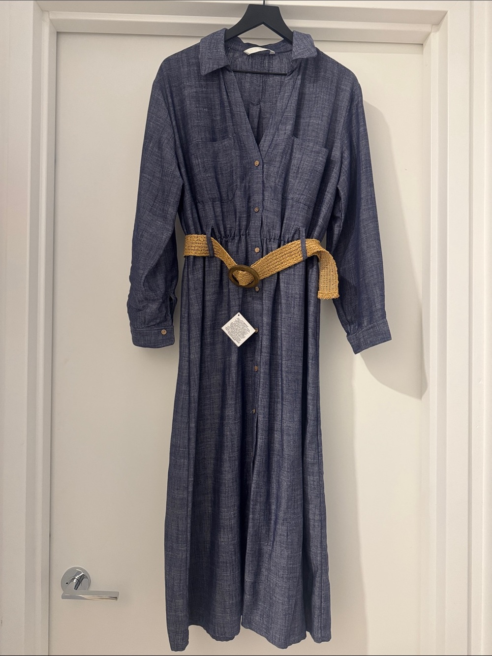 Zara Blue Long-Sleeve Button-Front Maxi Shirt Dress with Woven Belt
